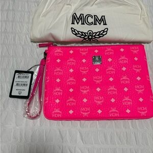 MCM Hot Pink Monogram Wristlet with Silver Plaque